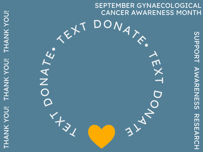 Text donate graphic, white text on blue background with yellow heart