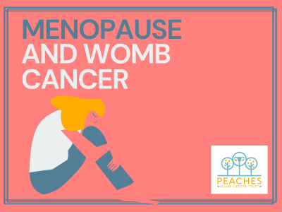 Menopause and womb cancer cartoon style female sitting, holding knees