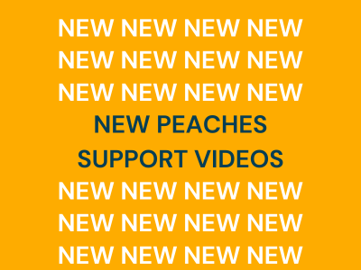 New Peaches Support Videos, blue and white text on yellow background