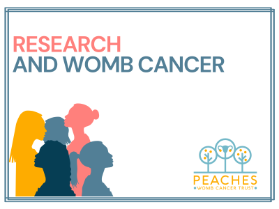 Research and womb cancer, graphic with yellow, pink, blue silhouettes of females