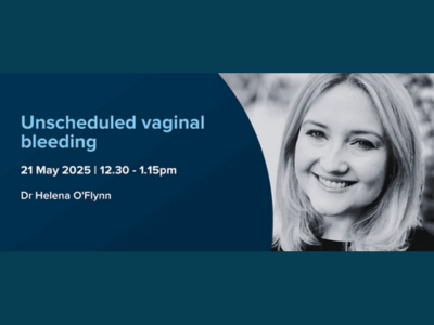 Unscheduled vaginal bleeding webinar with image of Dr Helena O'Flynn, white female, blonde shoulder length hair