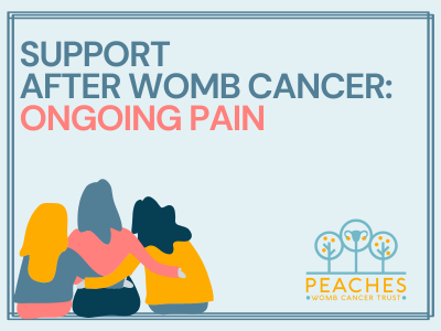 Support after womb cancer - ongoing pain. Image of three cartoon women. Peaches logo.